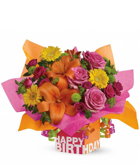 Happy Birthday orange lily and pink rose gift box flower bouquet