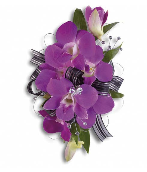 Purple dendrobium orchid wristlet corsage for tuxedo jacket, wedding or prom dress