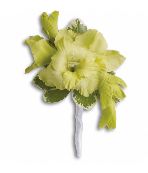 green gladioli flower boutonniere and tuxedo jacket flowers arrangement