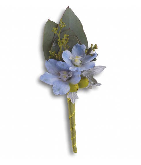 Blue delphinium boutonniere, a wedding flowers or prom boutonniere delivery