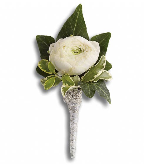 white ranunculus corsage wristlet boutonniere flower arrangement