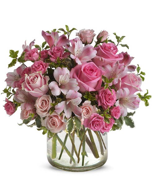 Potpourri pink rose mixed bouquet with pink alstroemeria and french country pot