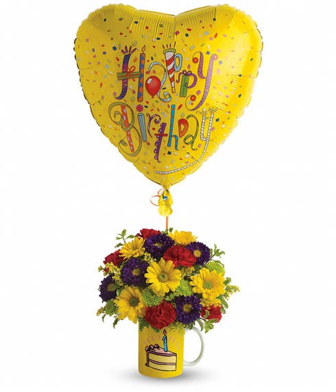 Happy Birthday flower cup and balloon bouquet with yellow gerbera daisies