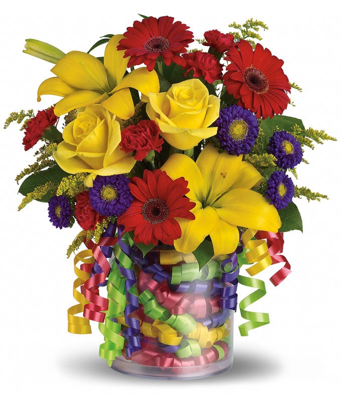 A Bouquet of Yellow Roses, Yellow Asiatic Lilies, Red Gerbera Daisies, and Purple Asters in a Cylinder Vase