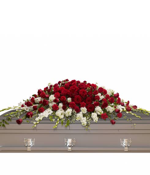 Red rose casket spray online at send flowers selling cheap funeral flowers