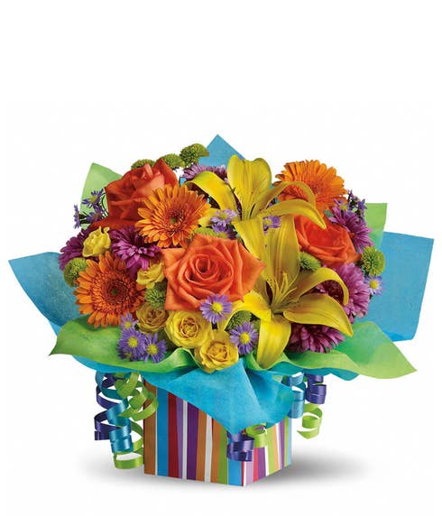 Neon flower bouquet with cheap flowers and pastel ribbons