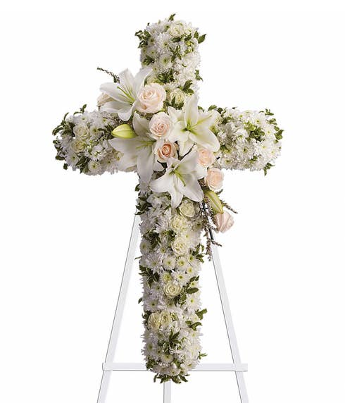 White flowers funeral cross standing spray with white oriental lily and white roses