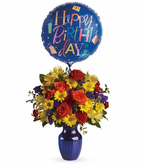 Happy birthday flower and balloon bouquet with orange roses and mylar birthday balloon