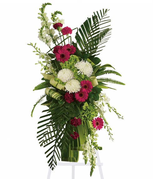 Tropical modern white chrysanthemum and red gerbera daisy funeral standing spray