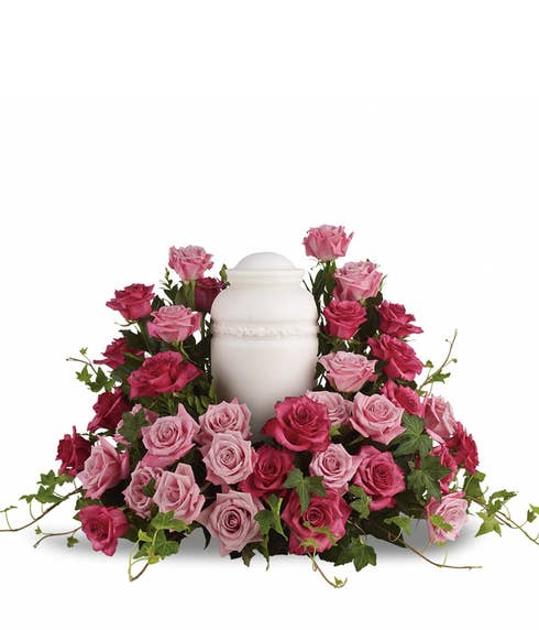 An urn pink rose bouquet 