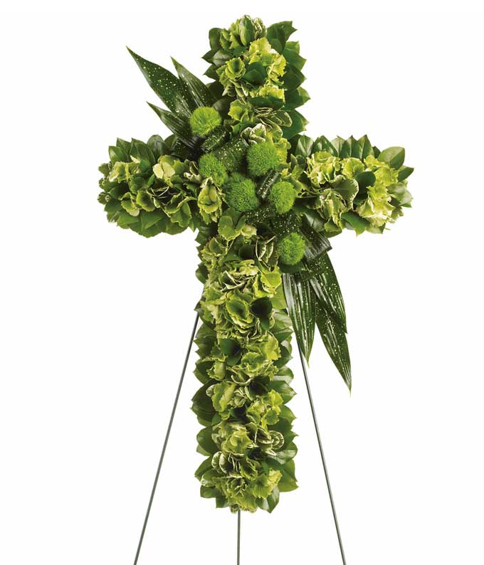 Cross Flower arrangement including Green Hydrangea, Green Dianthus, Pittosporum, Israeli Ruscus, Salal, Galax Leaves, and Aspidistra Greens with 1 Wire Easel Stand