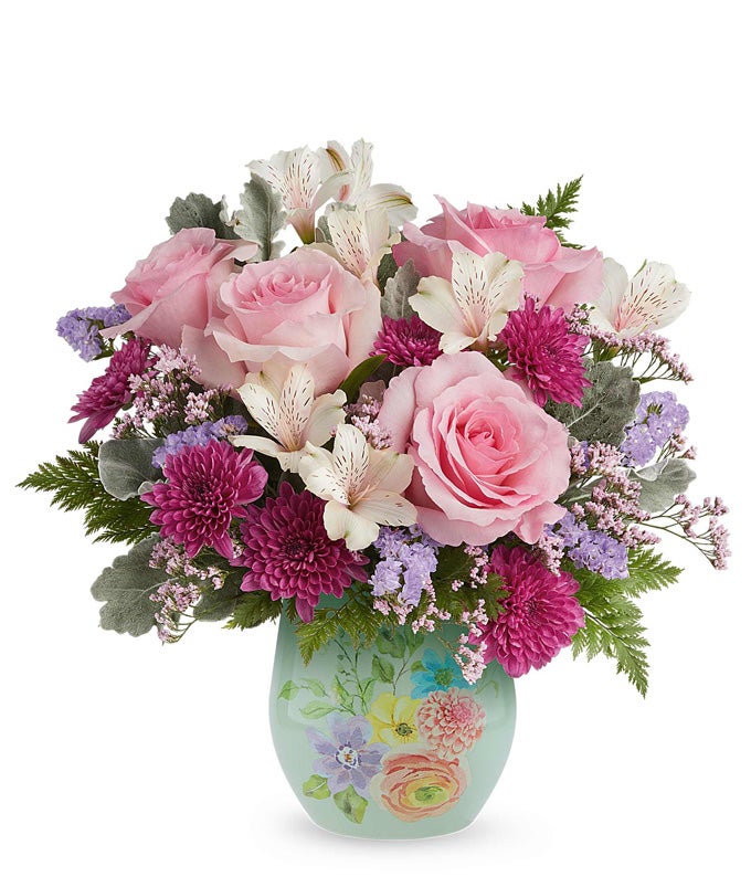 Pink Roses, Ivory Alstroemeria, Purple Cushion Poms, and Floral Greenery in a Blue Vase with a Watercolour Floral Design
