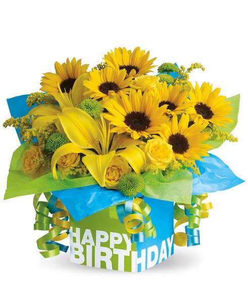 Happy Birthday sunflower and yellow lily bouquet with happy birthday box and ribbons