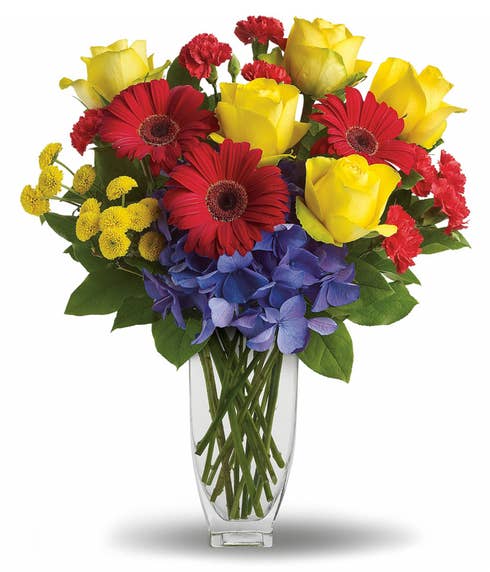 SendFlowers' yellow roses and red daisies as cheap flowers online
