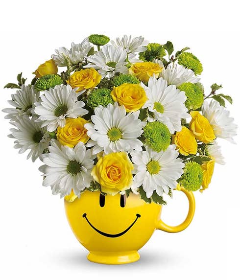 White daisy bouquet deliverywith smiley face cup and cheap flowers delivery
