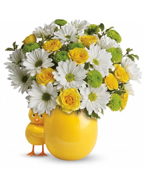 Chicken chick childs flower bouquet with yellow roses and white daisies