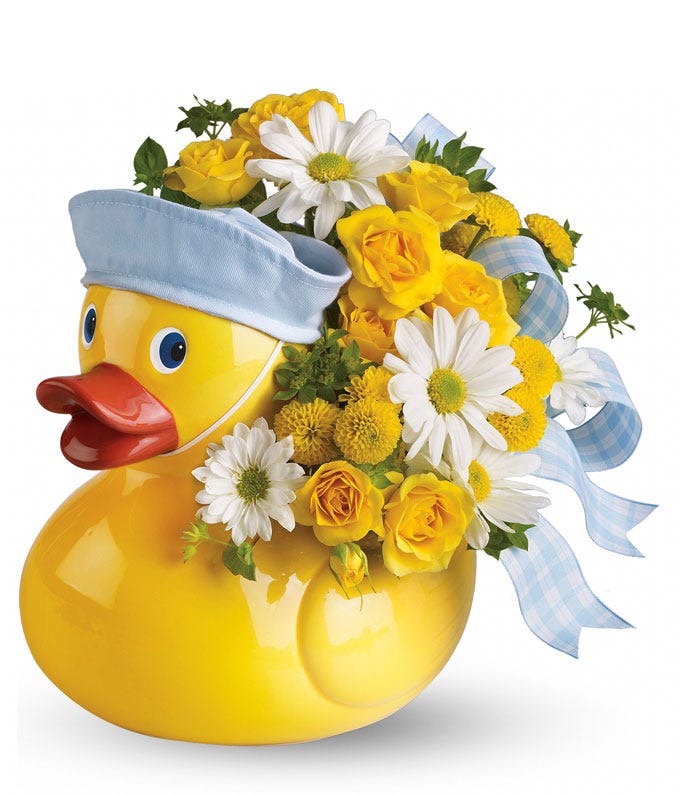 Its a boy newborn little baby boy duck flowers bouquet with ducky flower vase