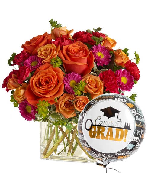 graduation flower bouquet and happy graduation balloon delivery at send flowers
