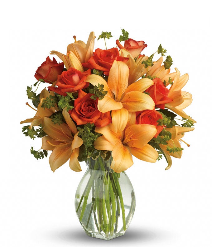 Orange lilies and orange rose bouquet for same day flower delivery