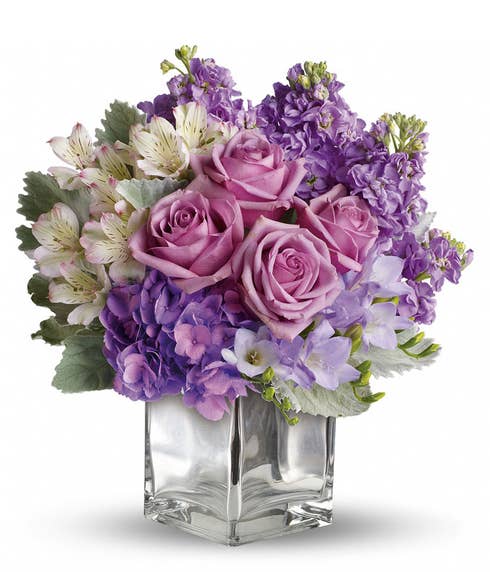Lavender rose, purple stock flowers, and lavender hydrangea flowers bouquet