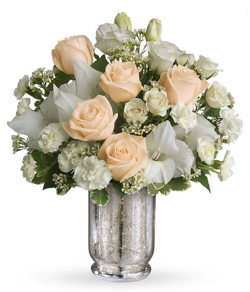 White gladioli and rose bouquet with white lisianthus and cream roses
