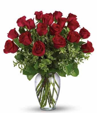 Long stem dark red roses bouquet with pitta negra and spring garden vase