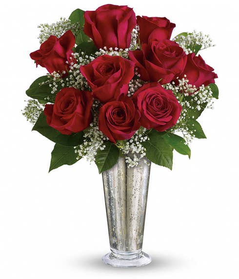 Long stem red roses million star gypsophila bouquet in silver sparkle vase