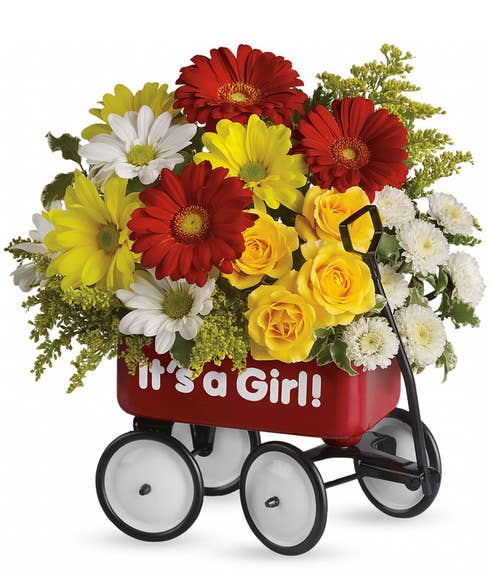 Its a girl newborn baby wagon flowers bouquet with red wagon and It's a girl text