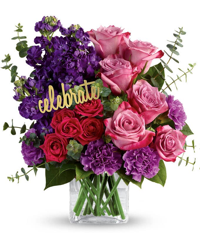 Pink and purple and green congratulations flowers