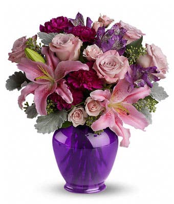 Purple flower bouquet with pale pink roses, asiatic lilies and purple flowers