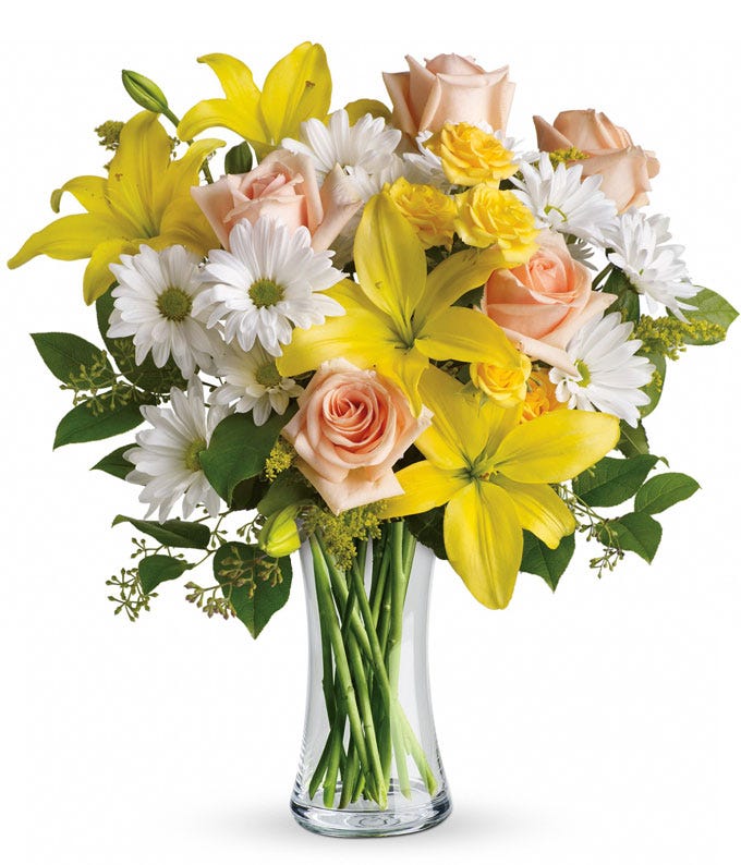 Yellow flower bouquet with peach roses, yellow roses and cheap flowers