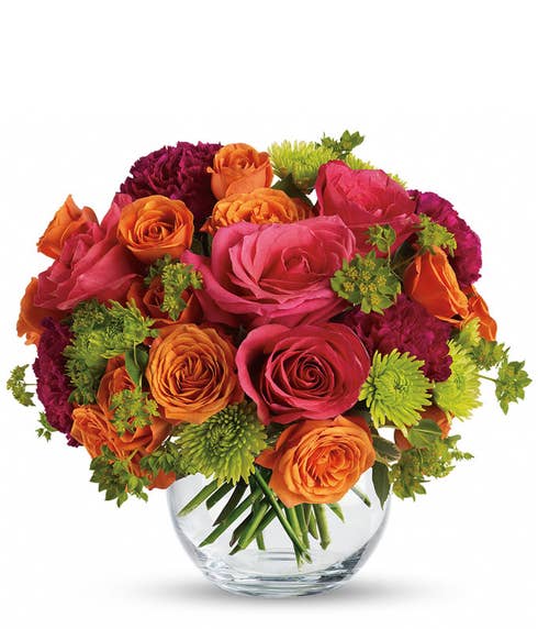 Autumn fall hot pink and coral roses bouquet with orange roses and green mums