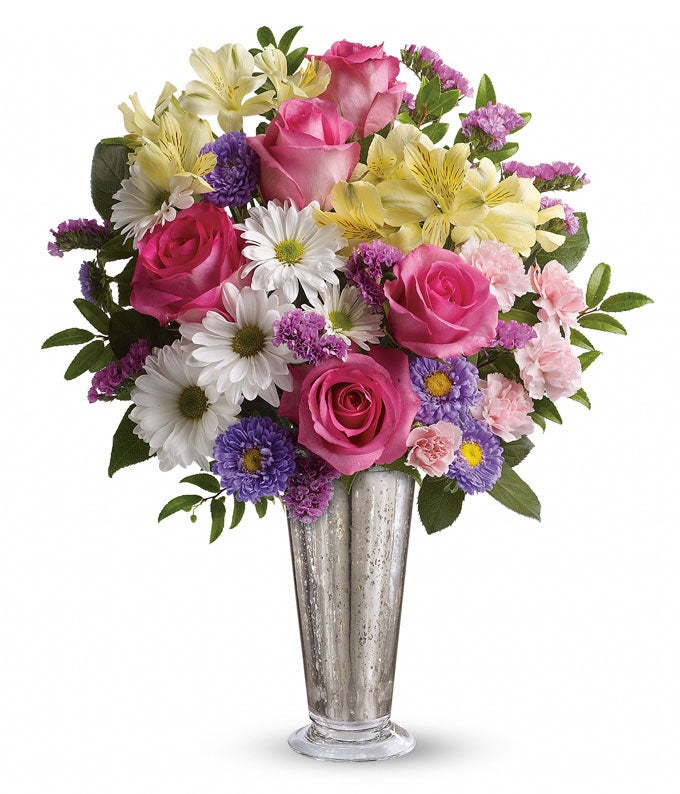 A Bouquet of  Pink Roses, Pink Mini Carnations, Yellow Alstroemeria and White Mums in a Silvery Glass Vase