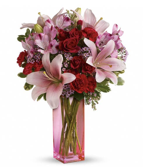 pink lily bouquet delivery with red carnations, pink alstroemeria in pink vase