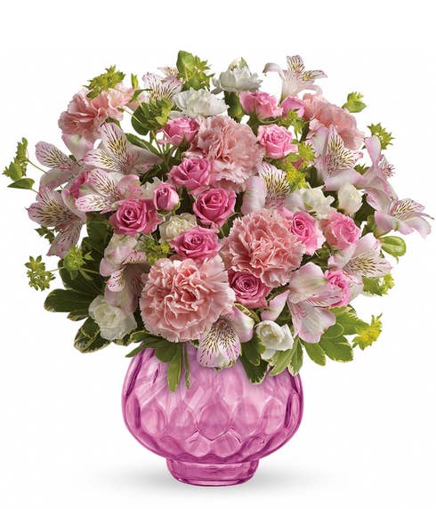 All pink mixed flower bouquet with pink carnations, pink alstroemeria & mini roses