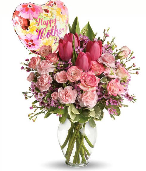 Pink tulip mothers day flower delivery and mothers day balloon delivery