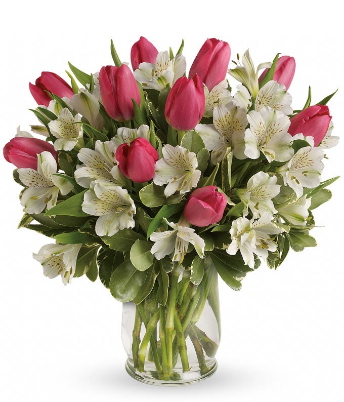 A Bouquet of  Pink Tulips, White Alstroemeria and Variegated Pittosporum in a Glass Hurricane Vase