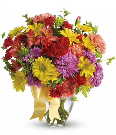 cheap colorful mixed flower bouquet delivery with yellow daisies and red carnations