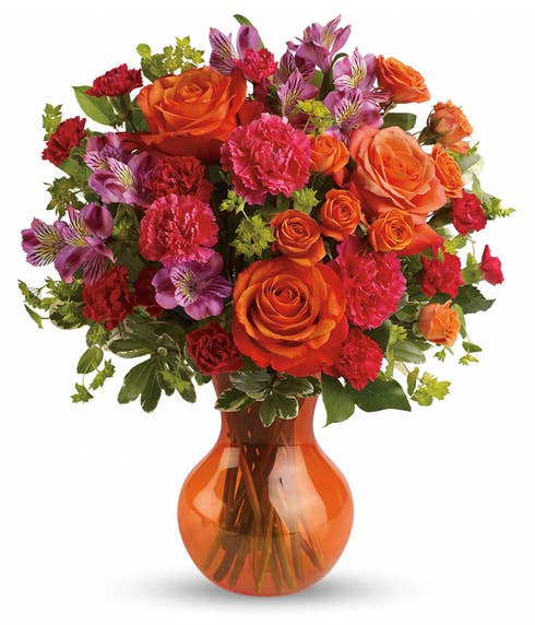 Cheap orange roses bouquet delivered today with other mixed orange flowers in vase
