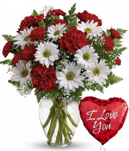Mother's Day I love you flower and balloon bouquet with red carnations and white daisies