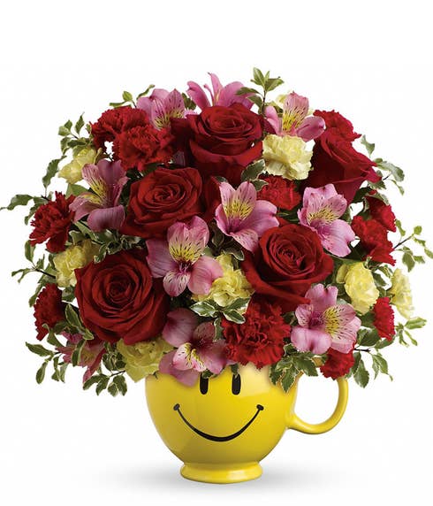 Free delivery flowers with smiley face coffee cup and cheap flowers