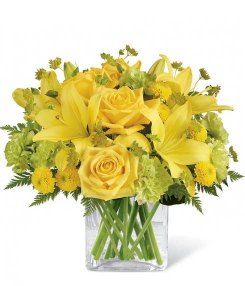 Yellow flowers bouquet with cheap flowers, yellow lily, and yellow roses