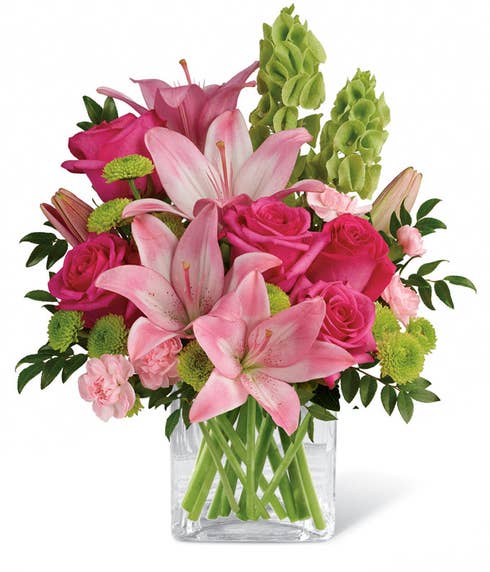 Pink asiatic lily delivery from send flowers in a neon green flower vase