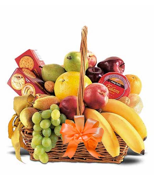 Fall fruits gift basket with orange bow, cheap fruit and cheese gift basket