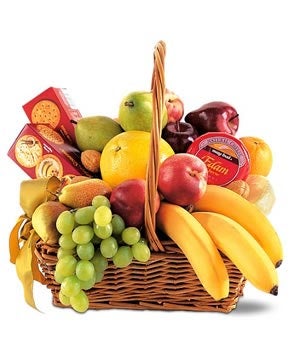 Fresh Fruits, Cheese, Crackers, and Assorted Nuts in a Wicker Container