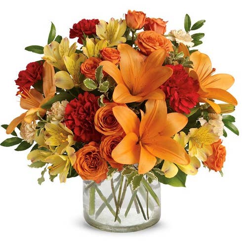 Orange lily and rose bouquet with yellow alstroemeria and orange carnations 