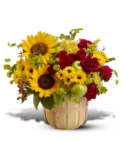 Sunflower delivery and yellow sunflower bouquet inside a basket