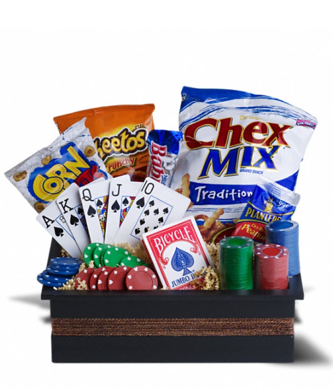 Assortment of Snacks,  Candy Bar, 1 Deck of Playing Cards, and 3 Packs of Poker Chips in a Wooden Box