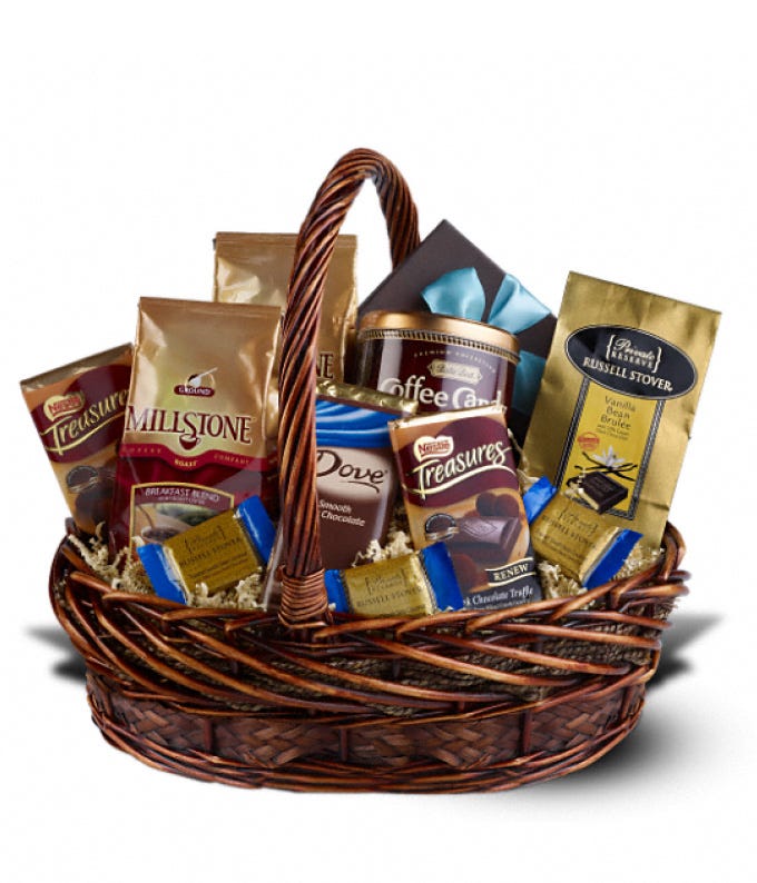 Assortment of Gourmet Chocolates, One 12 Ounce Coffee and Tin of Coffee-Flavored Candy in a Woven Container