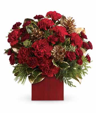 Red carnations, pink cones and holiday greens in a red square vase